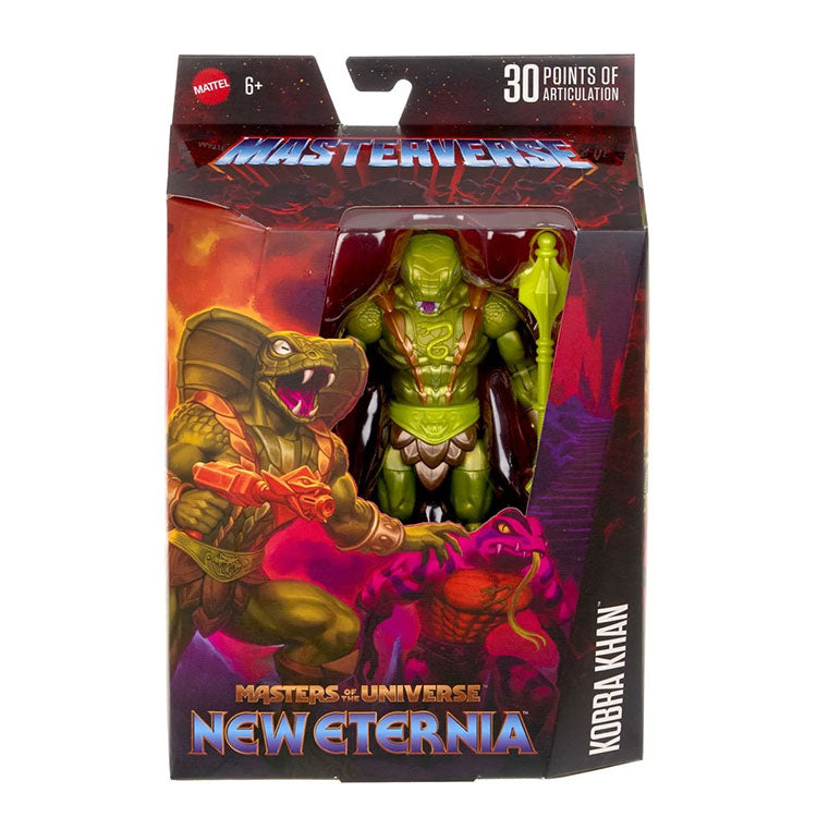 Mattel Masters of the Universe New Eternia Kobra Khan action figure in window box packaging with accessories