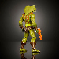 Mattel Masters of the Universe Kobra Khan action figure in detailed armor holding orange weapon on black background