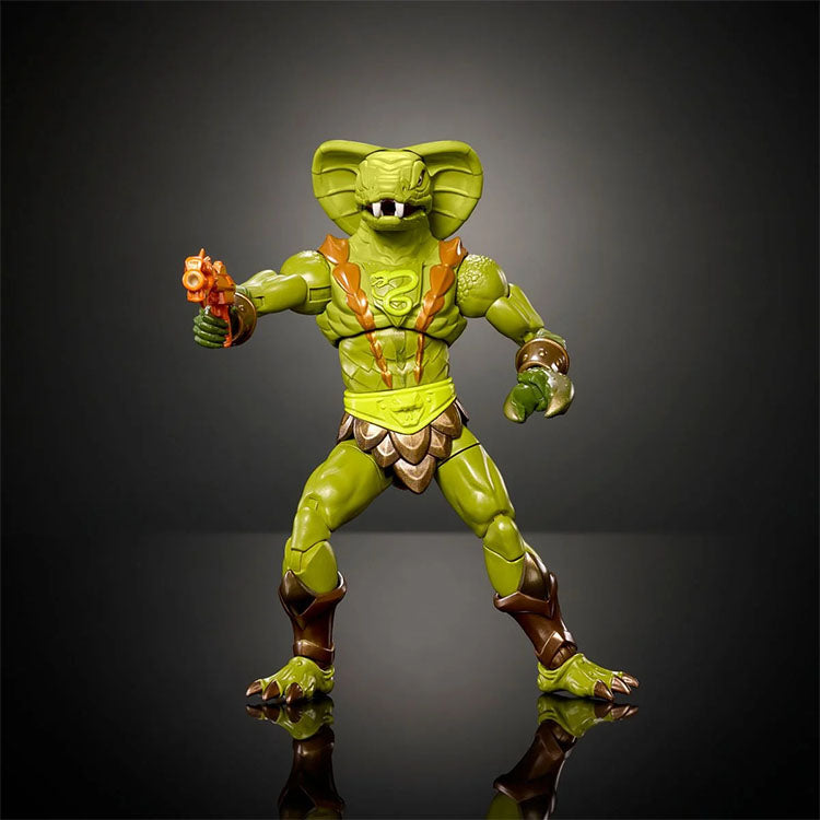 Mattel Kobra Khan Masters of the Universe figure with hinged jaw, accessories, posing on reflective black surface