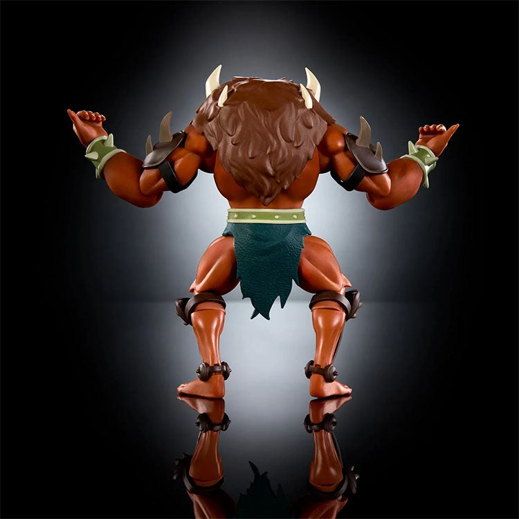 Beast-Man Masters of the Universe Origins Deluxe action figure by Mattel shown from back on black reflective surface