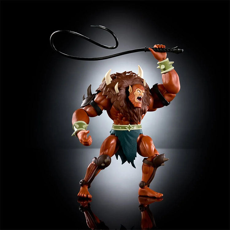 Beast-Man Masters of the Universe Origins 6 inch action figure by Mattel wielding whip on black background