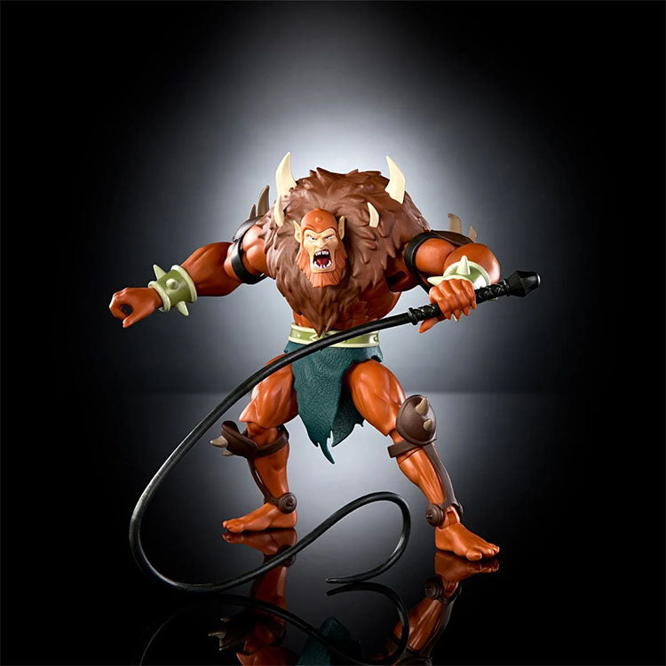 Beast-Man Masters of the Universe Origins 6 inch action figure by Mattel with whip accessory on black background