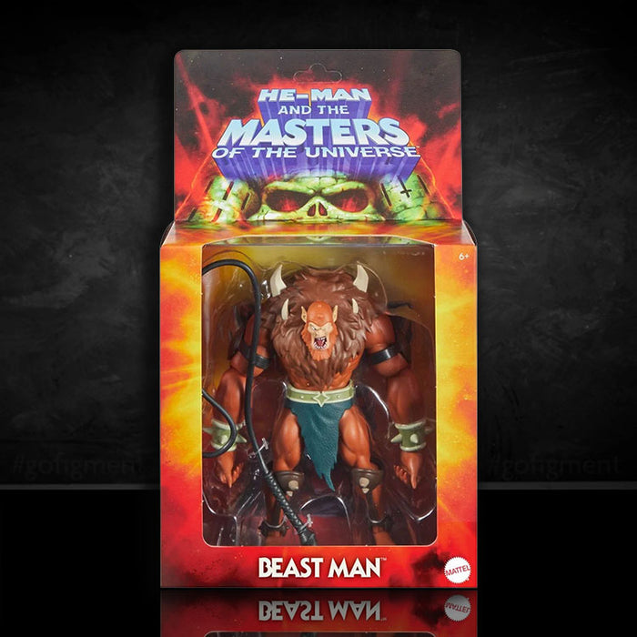 Beast-Man action figure with whip in Mattel Masters of the Universe Origins deluxe packaging on black background
