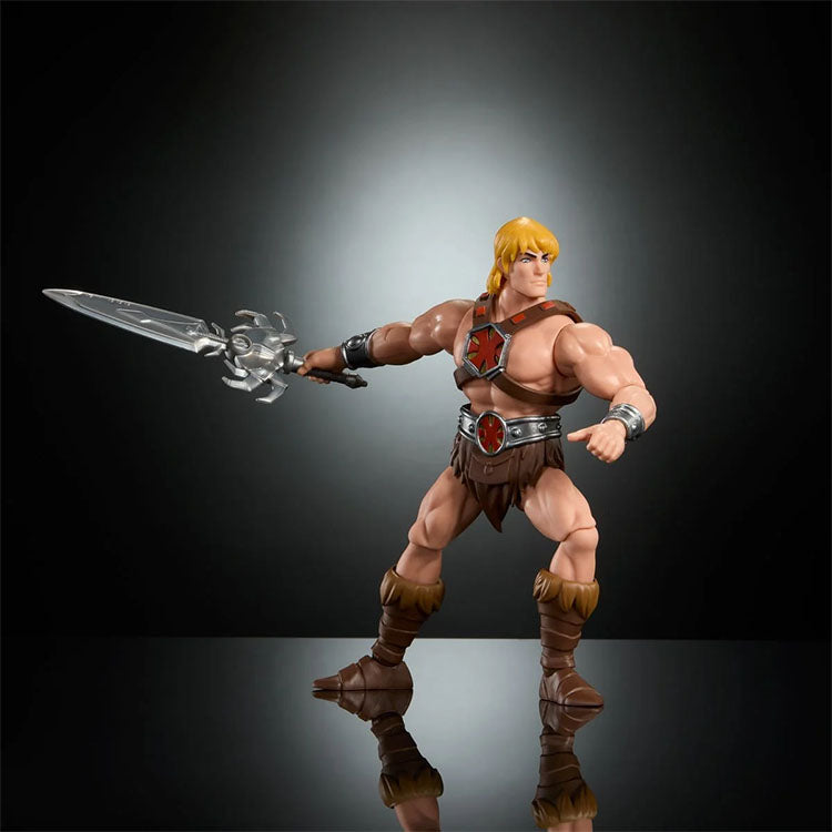 Mattel He-Man Masters of the Universe Origins 6 inch action figure posed with sword on reflective black surface