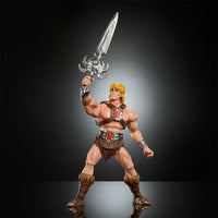 He-Man 6 inch Masters of the Universe Origins action figure holding sword raised by Mattel on black background