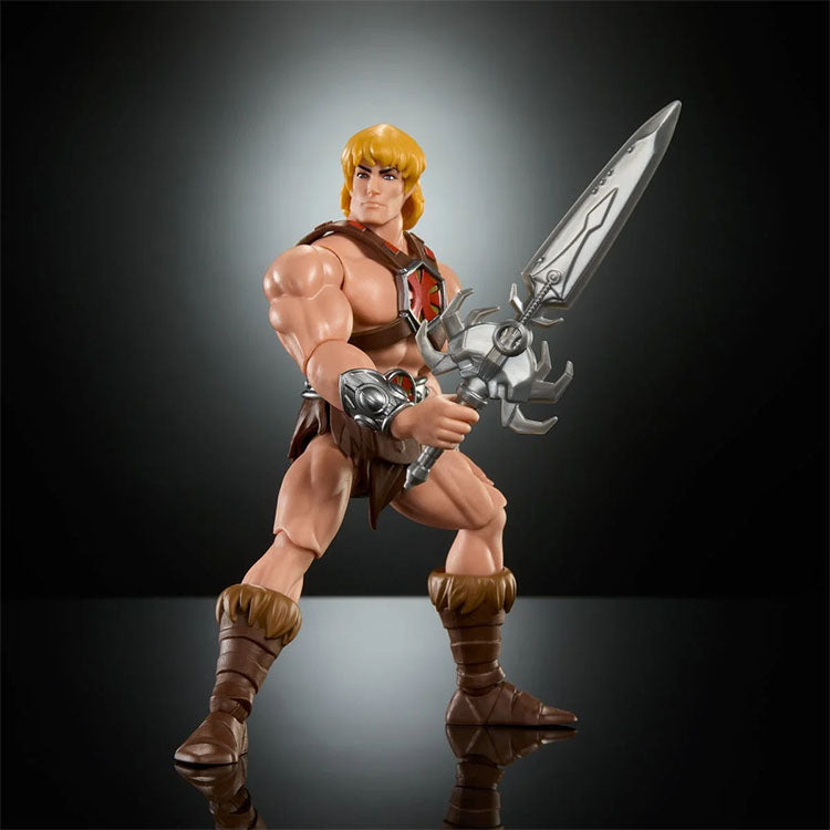 He-Man Masters of the Universe Origins 6 inch action figure by Mattel holding sword on black gradient background
