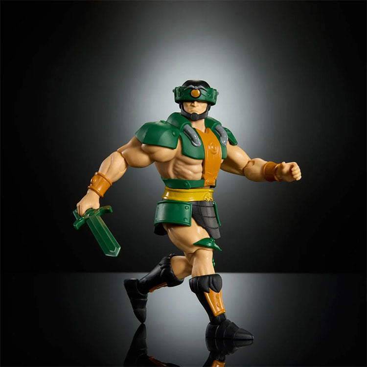 Tri-Klops Masters of the Universe Origins 6 inch action figure by Mattel with green armor and sword on black background