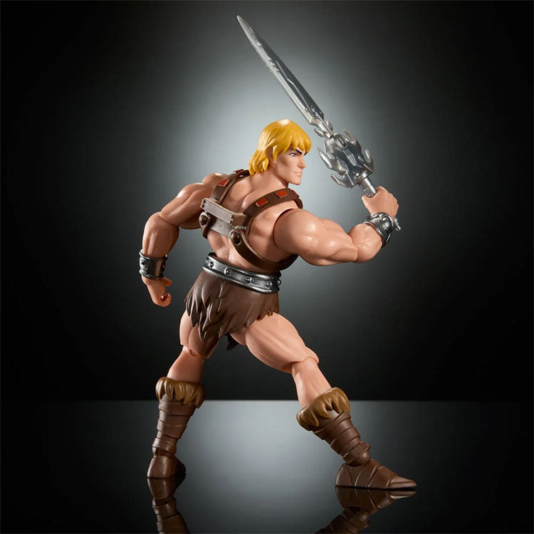 He-Man Masters of the Universe Origins 6 inch action figure by Mattel holding sword in battle pose on black background