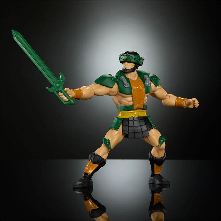 Mattel Tri-Klops Masters of the Universe Origins 6-inch action figure with green armor and sword posed on reflective surface