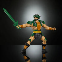 Mattel Tri-Klops Masters of the Universe Origins 6-inch action figure with green armor and sword posed on reflective surface