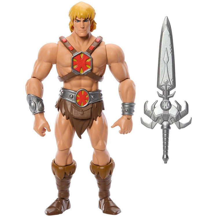He-Man Masters of the Universe Origins 6-inch action figure with silver power sword by Mattel on white background