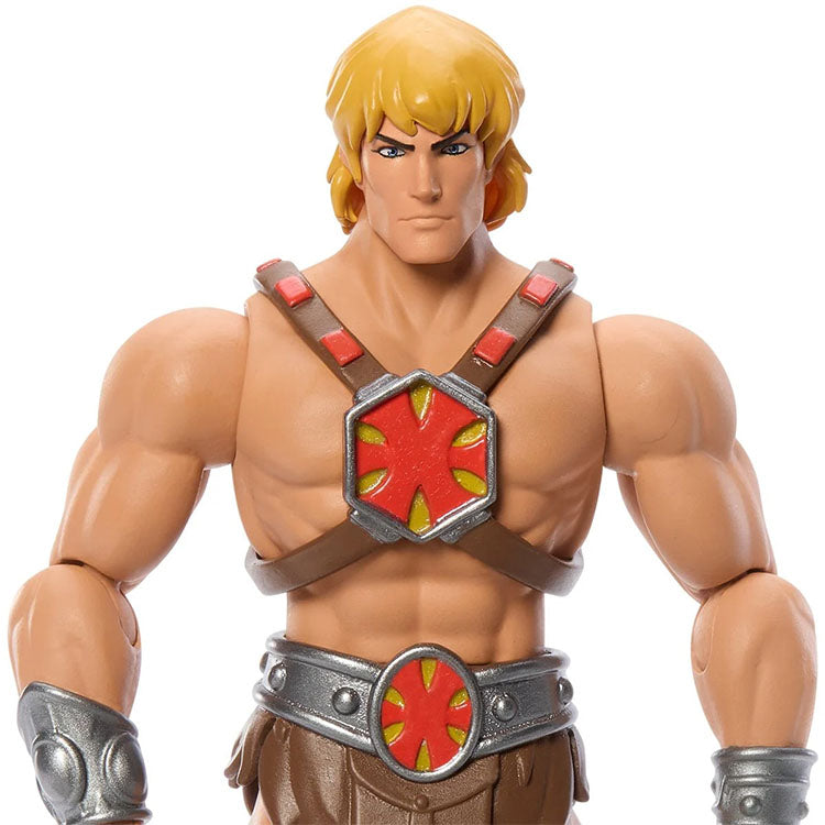 He-Man Masters of the Universe Origins deluxe action figure with muscular build and detailed chest armor by Mattel