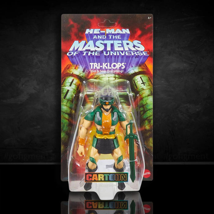 Masters of the Universe Tri-Klops 6-inch action figure in original Mattel packaging with sword accessory