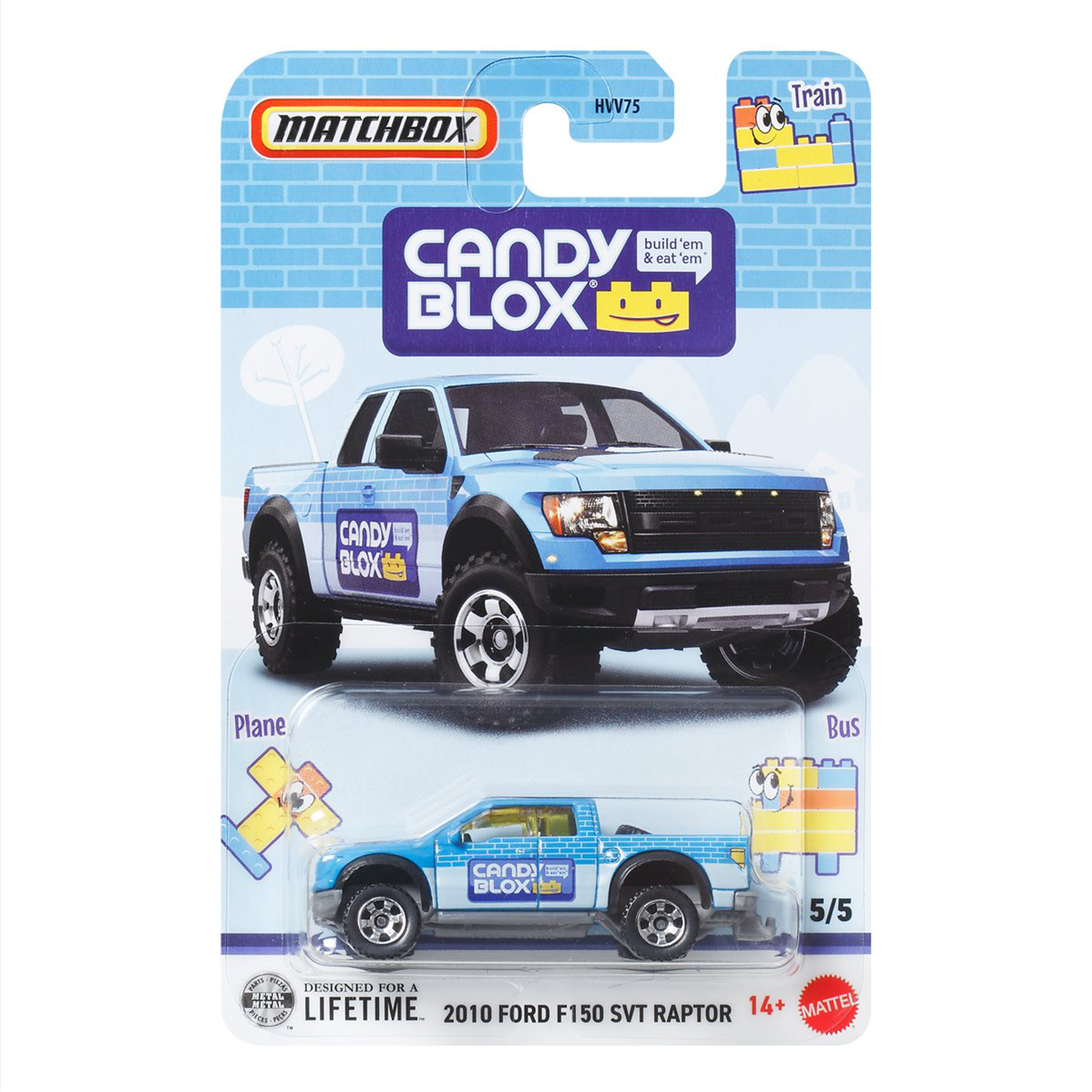 Mattel Matchbox die-cast 2010 Ford F150 SVT Raptor truck in blue Candy Blox theme packaging