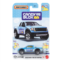 Mattel Matchbox die-cast 2010 Ford F150 SVT Raptor truck in blue Candy Blox theme packaging