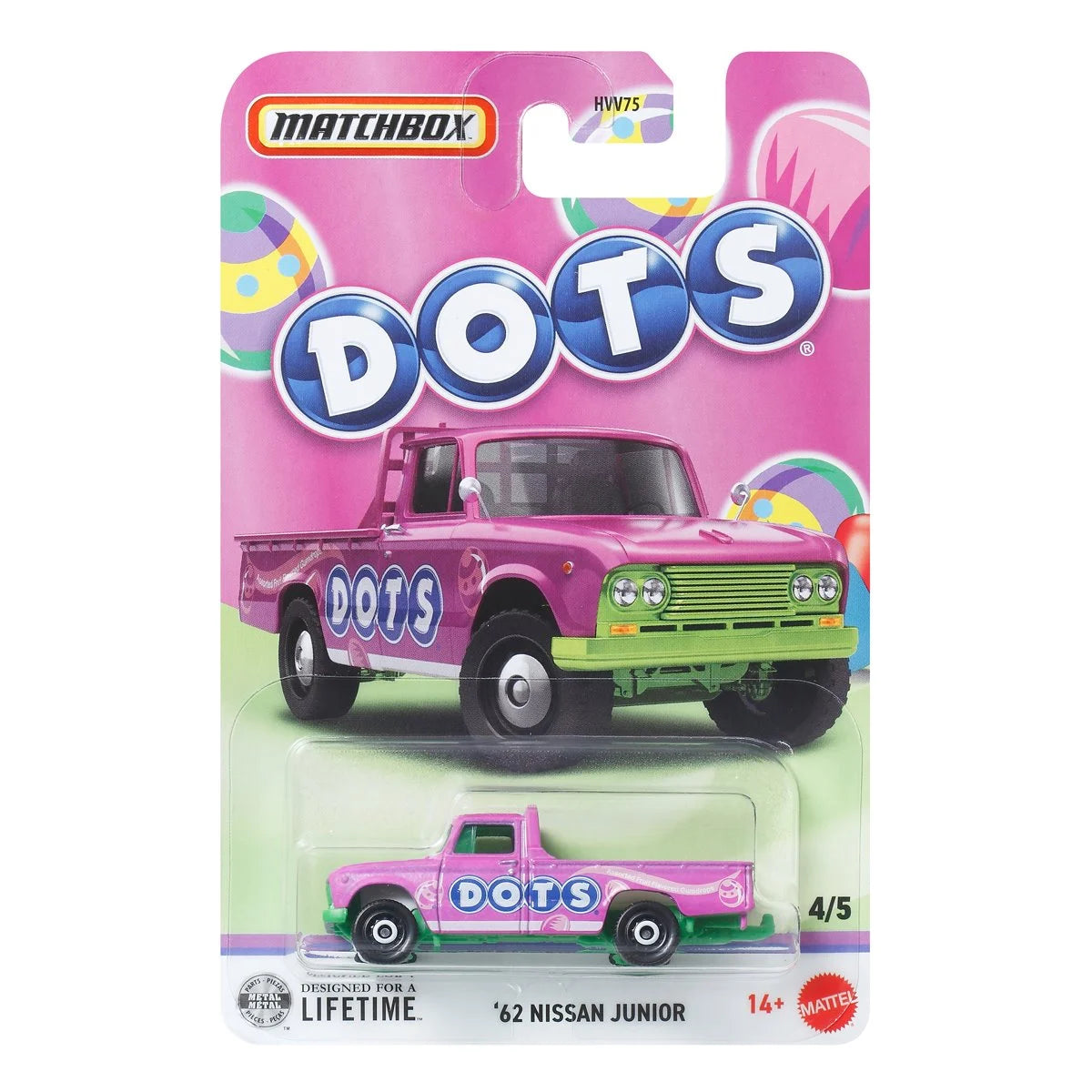 Mattel Matchbox die-cast '62 Nissan Junior truck in pink with DOTS candy logo collectible vehicle