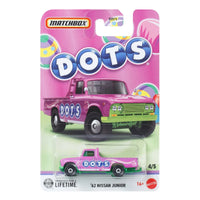 Mattel Matchbox die-cast '62 Nissan Junior truck in pink with DOTS candy logo collectible vehicle