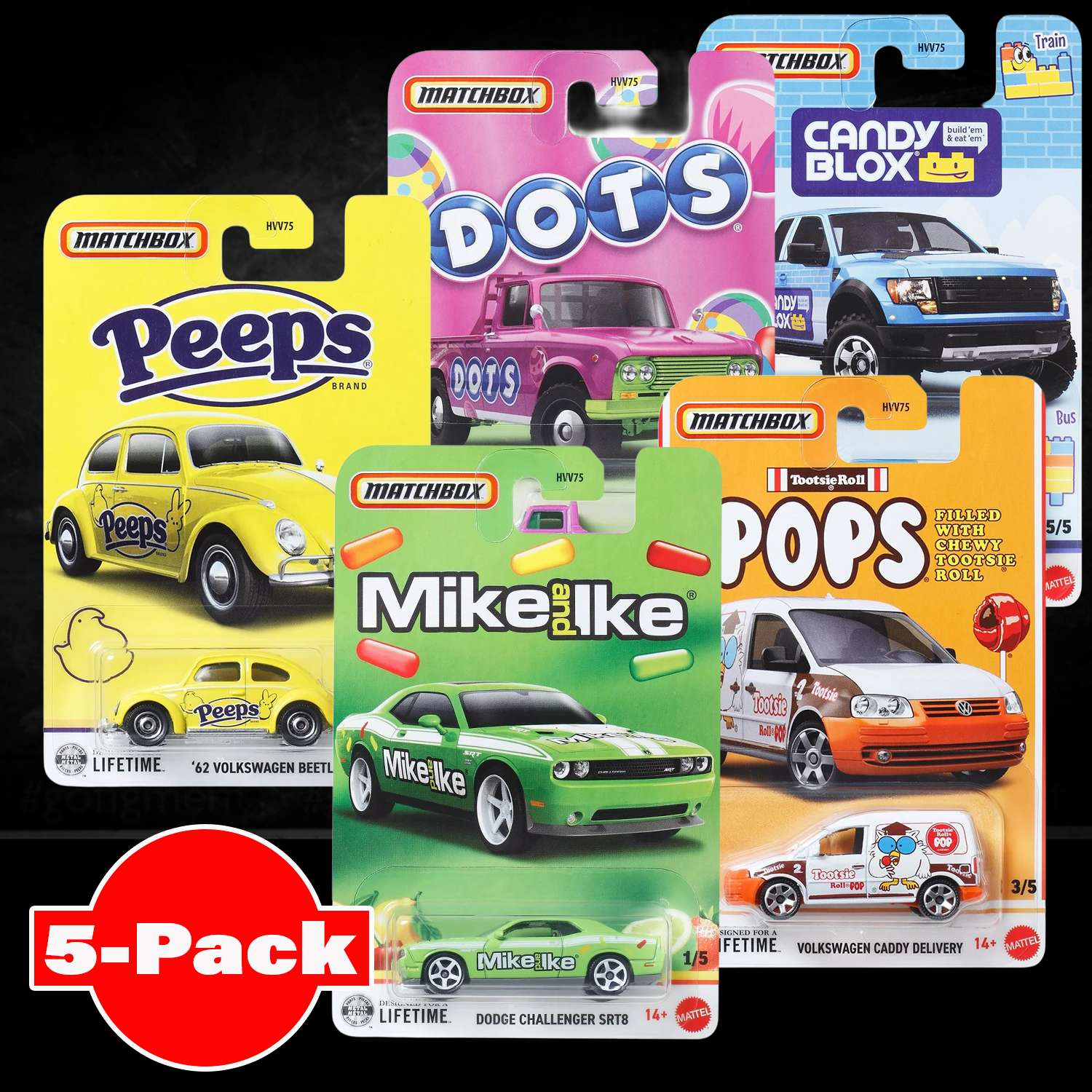 Matchbox Mattel die-cast set of five candy-themed vehicles in colorful packaging including Peeps and Mike and Ike designs