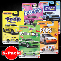 Matchbox Mattel die-cast set of five candy-themed vehicles in colorful packaging including Peeps and Mike and Ike designs
