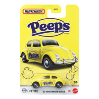 Mattel Matchbox die-cast yellow '62 Volkswagen Beetle with Peeps branding collectible vehicle in packaging
