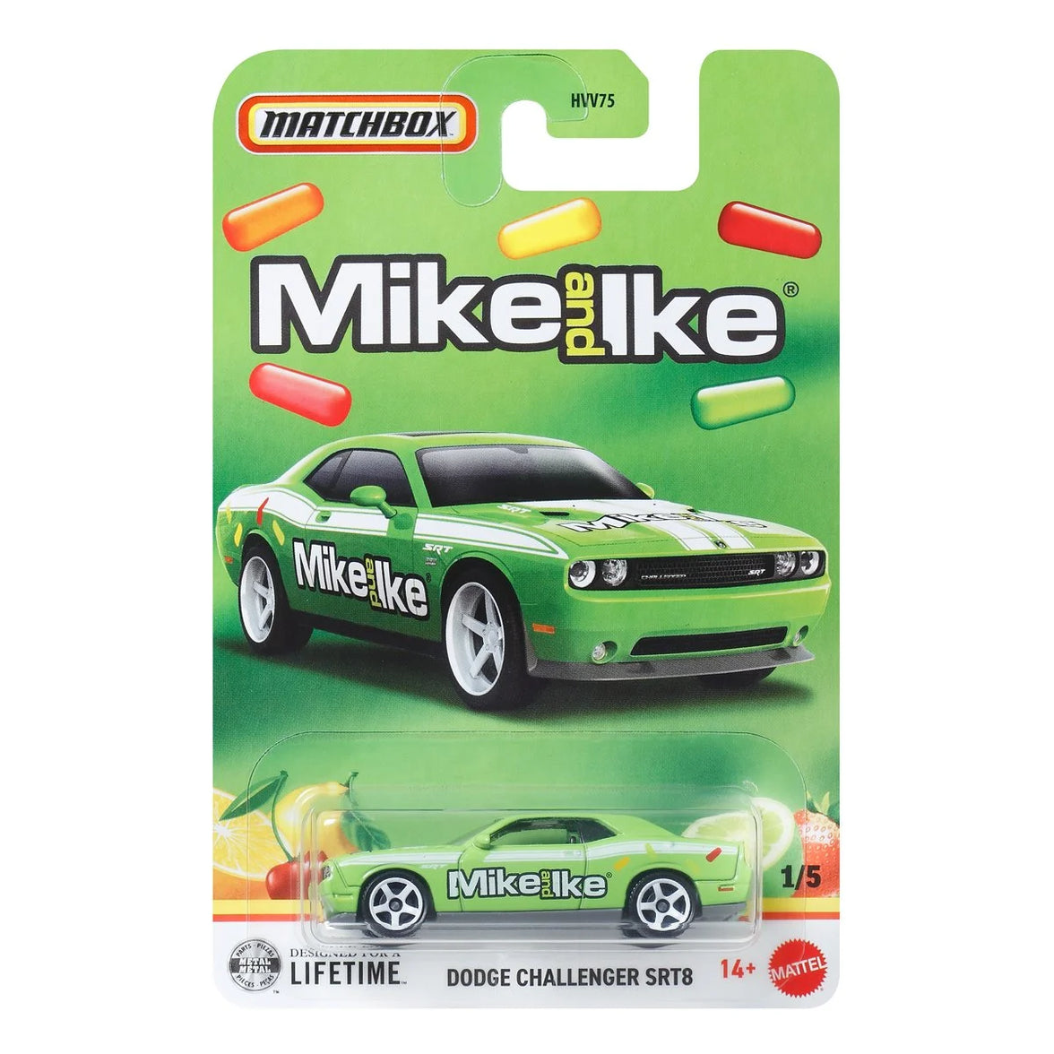 Mattel Matchbox die-cast green Dodge Challenger SRT8 with Mike and Ike candy design in packaging