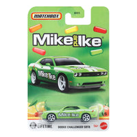 Mattel Matchbox die-cast green Dodge Challenger SRT8 with Mike and Ike candy design in packaging