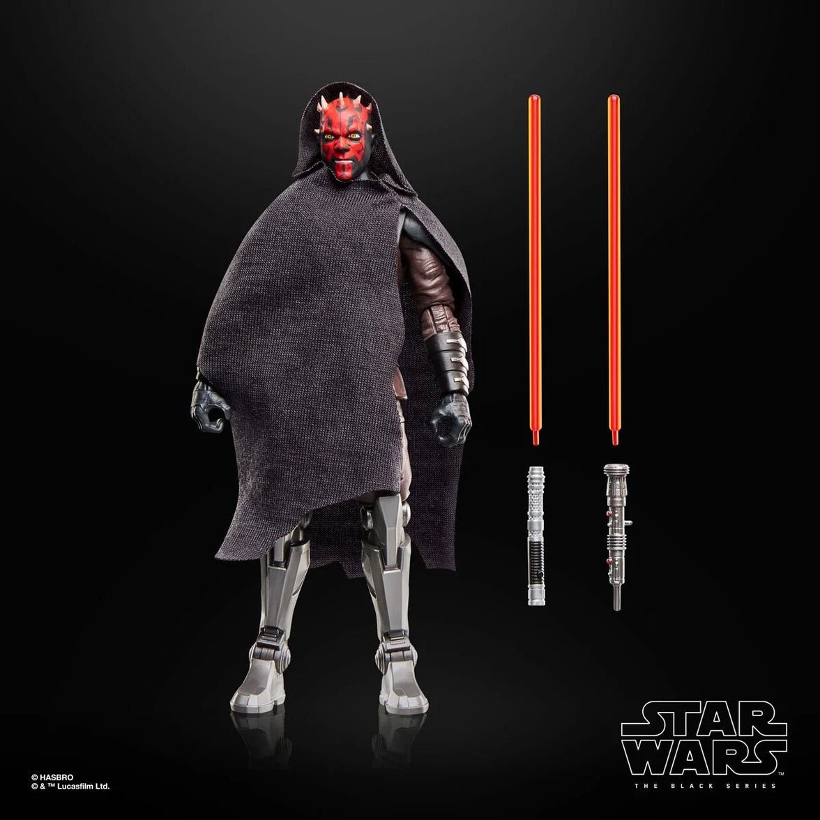 Darth Maul Star Wars 1:12 Scale 6 Inch The Black Series "Maul" Action Figure by Hasbro with cloak and double lightsabers.