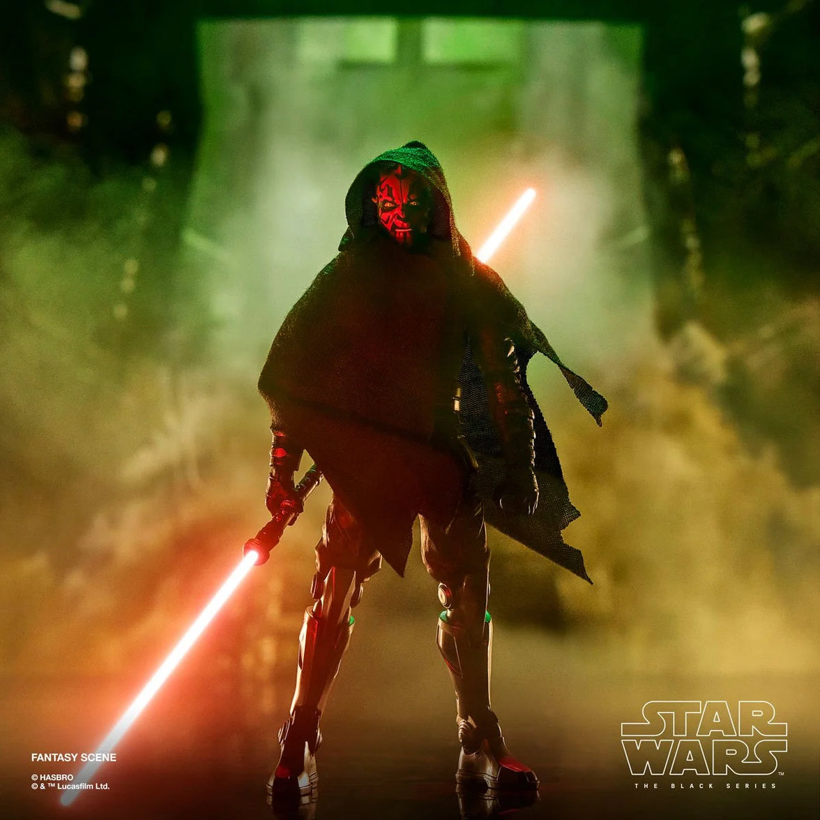Darth Maul Star Wars 1:12 Scale 6 Inch The Black Series "Maul" Action Figure by Hasbro with double red lightsabers and hooded cloak.