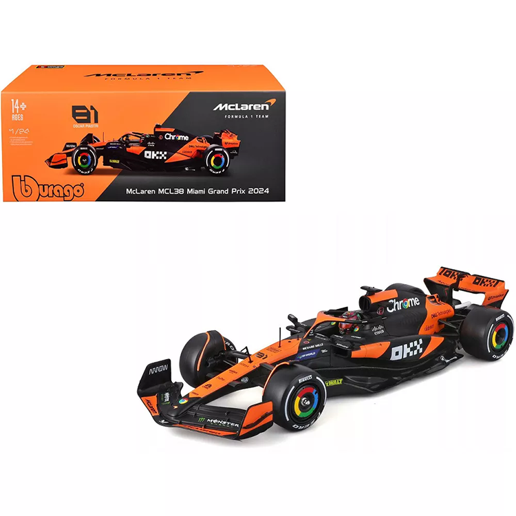 Bburago 1:43 scale McLaren MCL38 Formula 1 car with Oscar Piastri helmet detailed die-cast model 2024 season