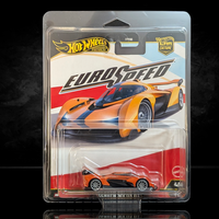 Hot Wheels Premium Euro Speed die-cast car in orange with black stripe and Real Riders wheels in collector blister packaging