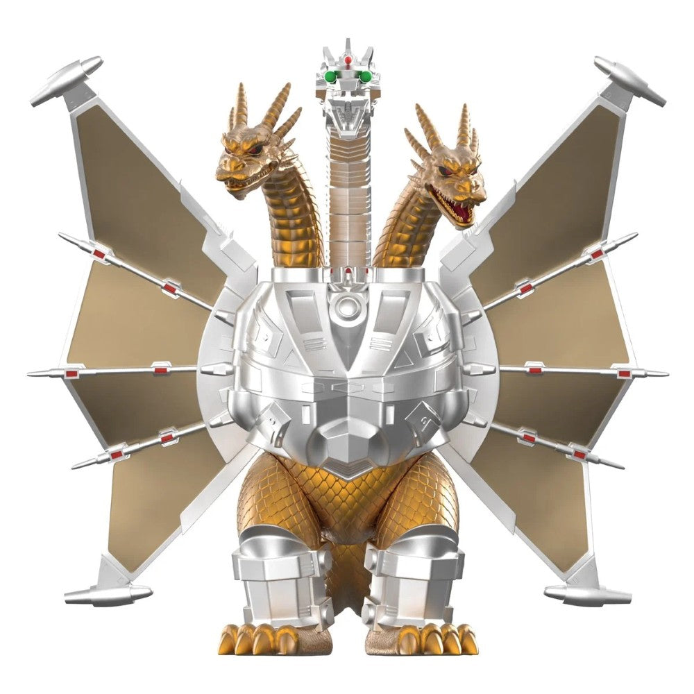 Mecha King Ghidorah 3 3/4-Inch ReAction Figure Super7 Godzilla Toho Collectible Figure new in box with metallic silver and gold design