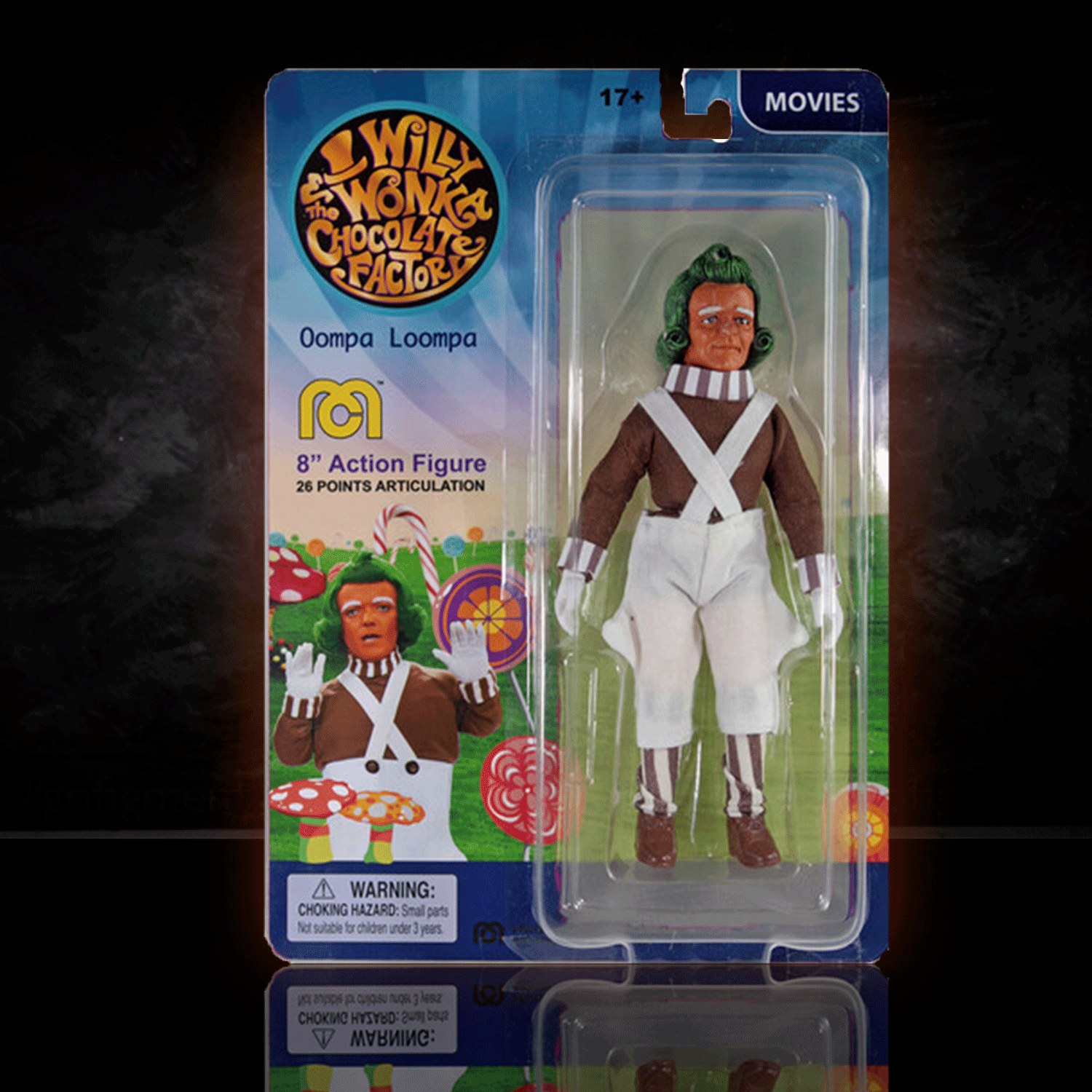 Mego 8-inch Oompa Loompa figure from Willy Wonka with detailed costume and 26 points of articulation in branded packaging