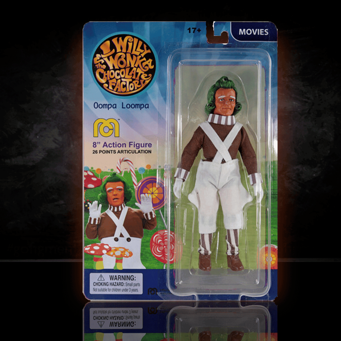 Mego 8-inch Oompa Loompa figure from Willy Wonka with detailed costume and 26 points of articulation in branded packaging