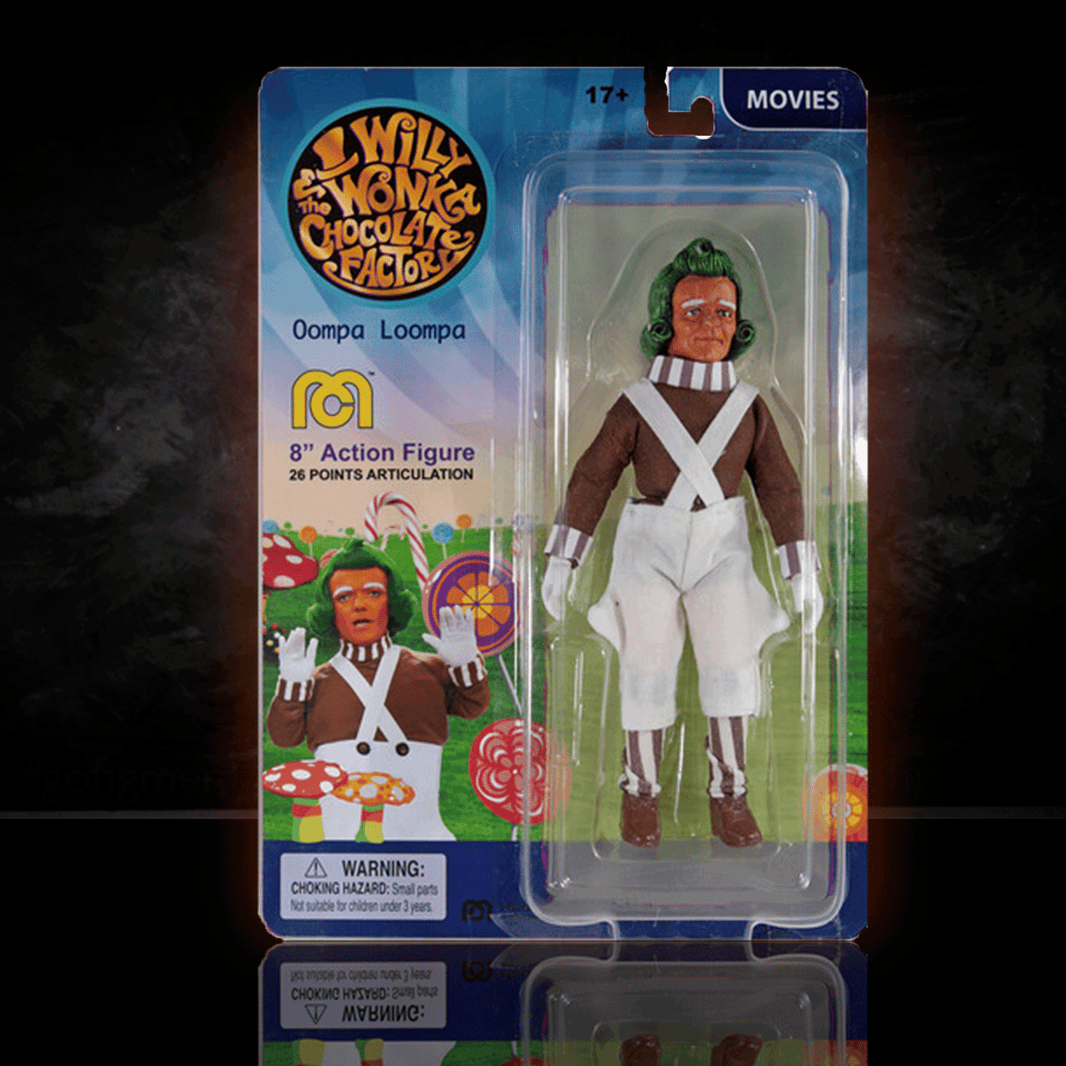 Mego 8-inch Oompa Loompa figure from Willy Wonka with detailed costume and 26 points of articulation in branded packaging