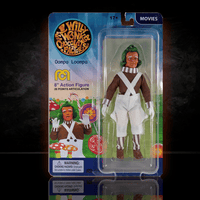 Mego 8-inch Oompa Loompa figure from Willy Wonka with detailed costume and 26 points of articulation in branded packaging