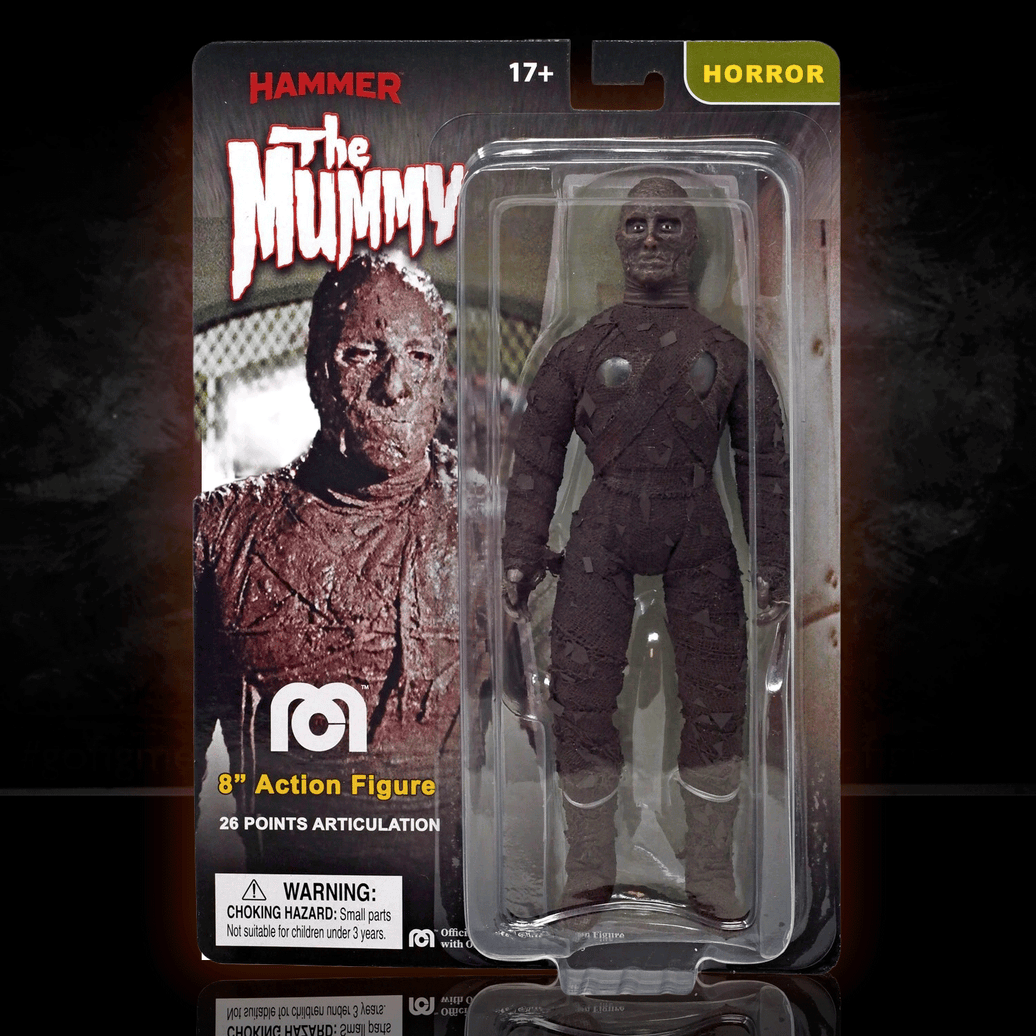 Mego 8-inch The Mummy horror figure in textured brown wrapping with articulated limbs in branded collectible packaging