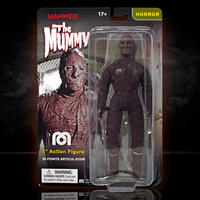 Mego 8-inch The Mummy horror figure in textured brown wrapping with articulated limbs in branded collectible packaging