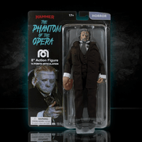 Mego 8-inch Phantom of the Opera figure in brown suit with detailed mask and 14 points of articulation in horror packaging