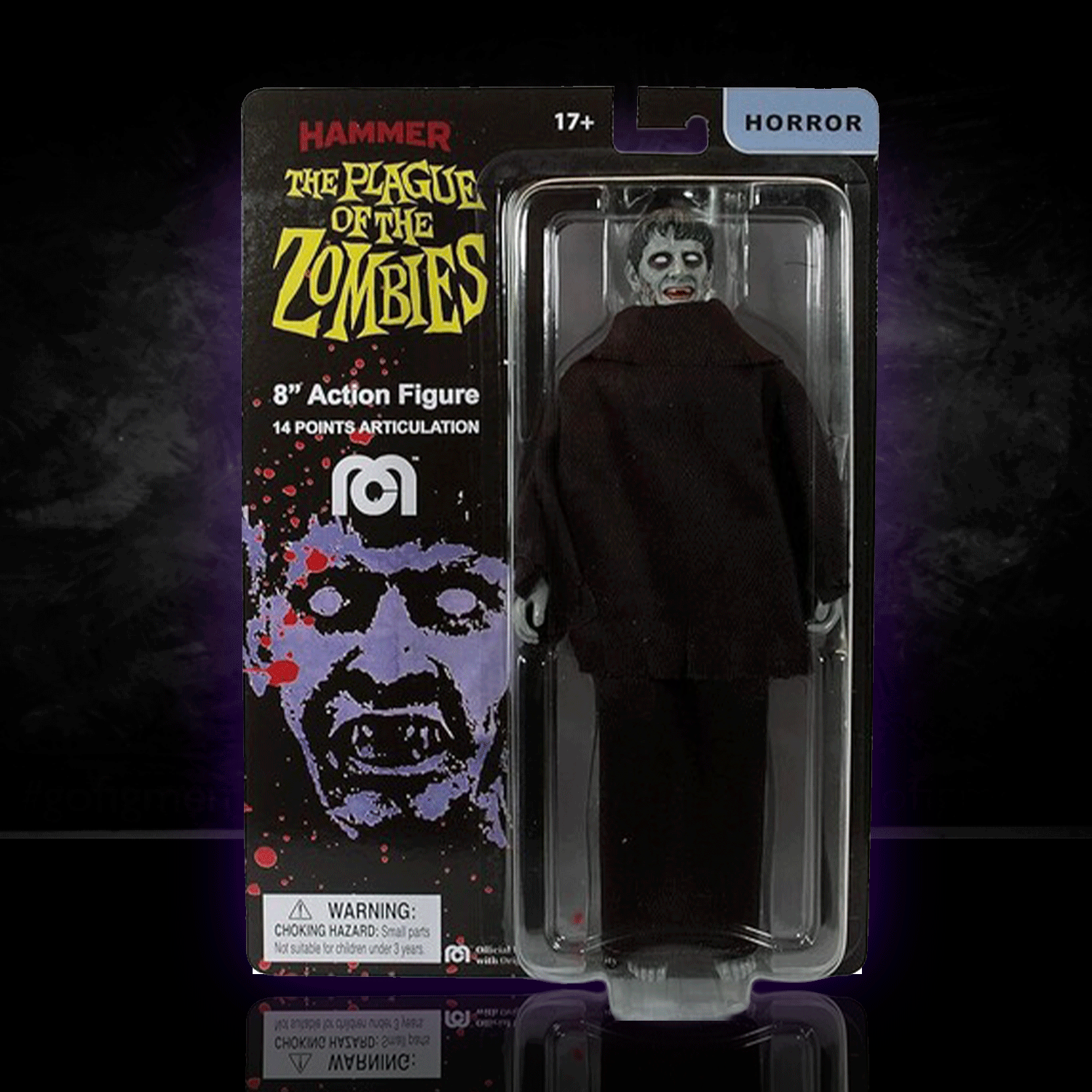 Mego 8-inch horror zombie figure from The Plague of the Zombies with dark cloak and detailed facial makeup in collectible packaging