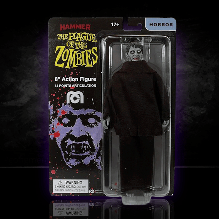 Mego 8-inch horror zombie figure from The Plague of the Zombies with dark cloak and detailed facial makeup in collectible packaging
