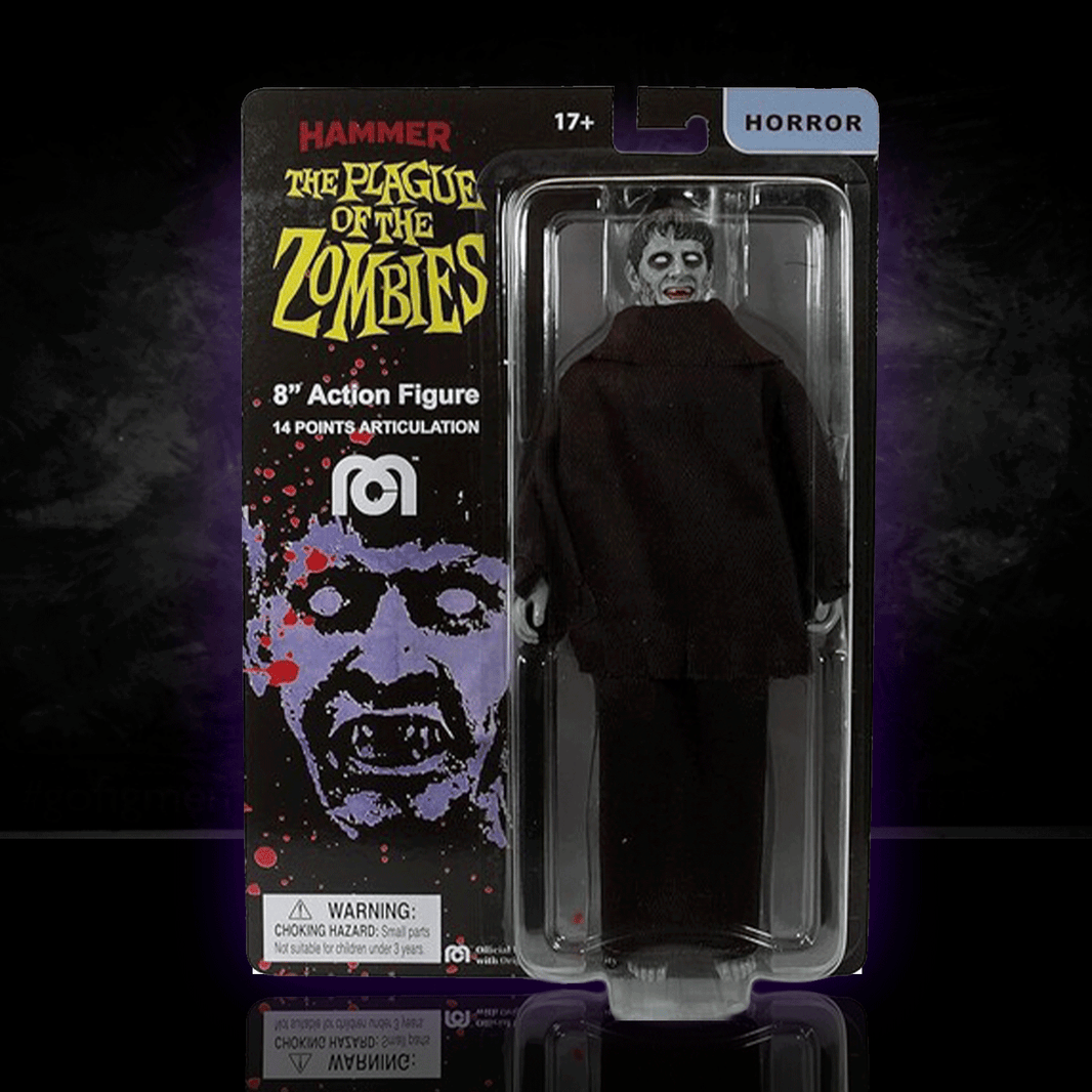 Mego 8-inch horror zombie figure from The Plague of the Zombies with dark cloak and detailed facial makeup in collectible packaging