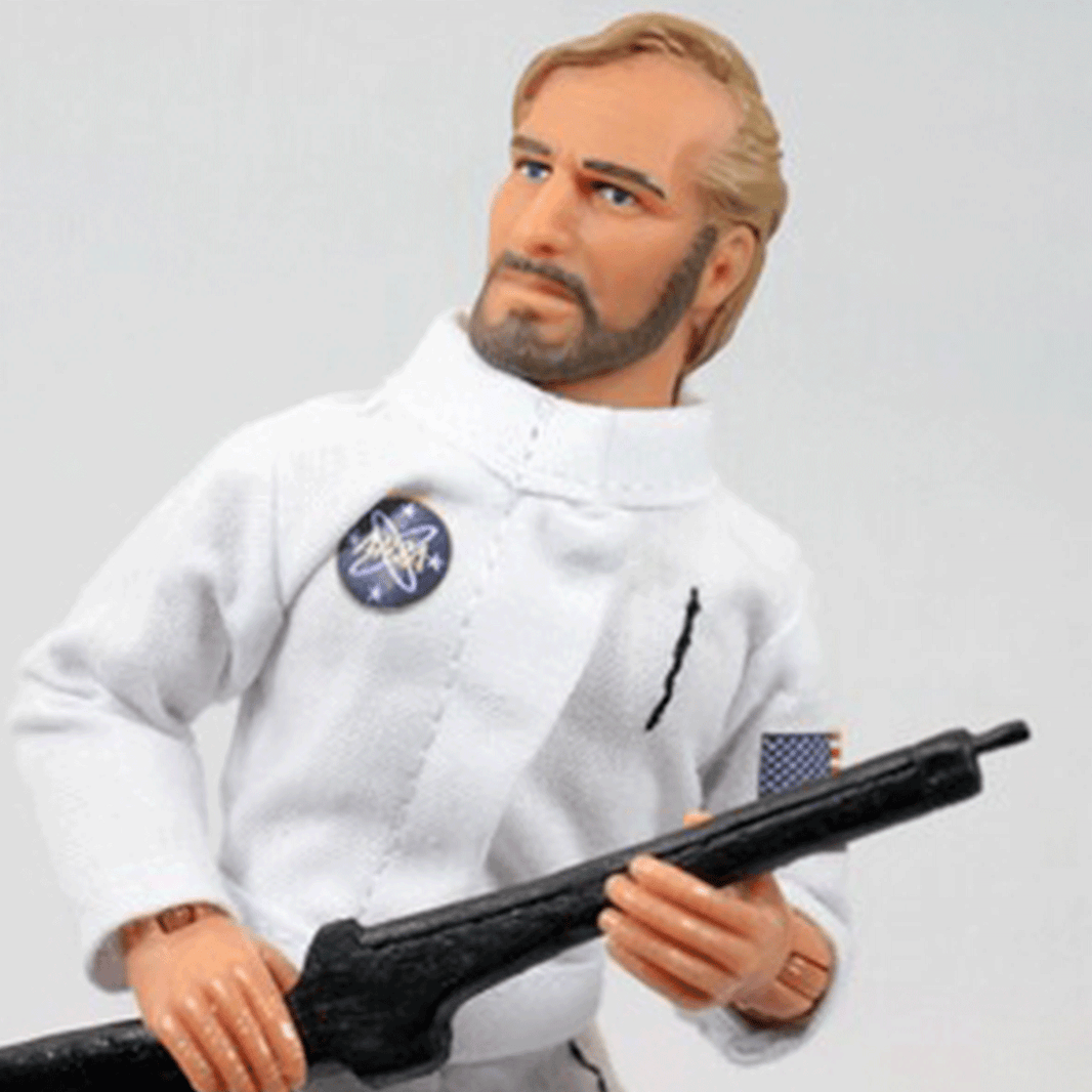 Taylor Planet of the Apes Retro Style Articulated Mego Action Figure 8 inch holding a black weapon with white outfit by Mego