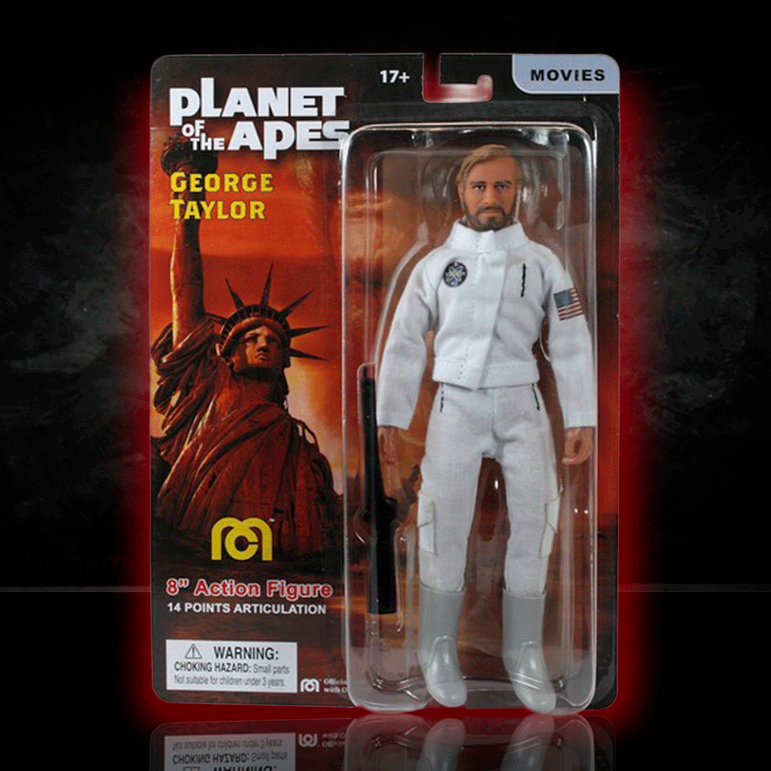 Mego 8-inch George Taylor action figure from Planet of the Apes in white astronaut suit with detailed packaging