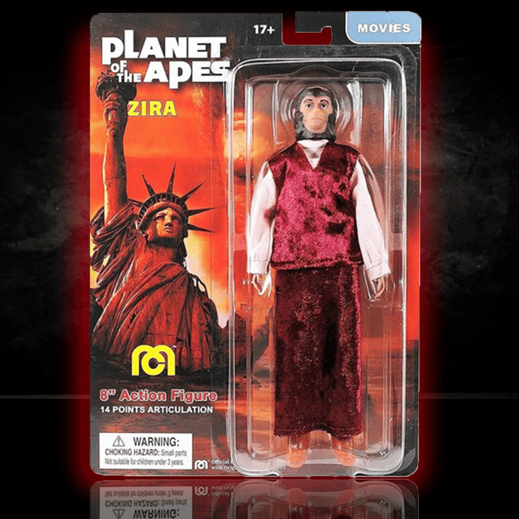 Mego 8-inch Zira figure from Planet of the Apes with detailed facial features and vintage style packaging