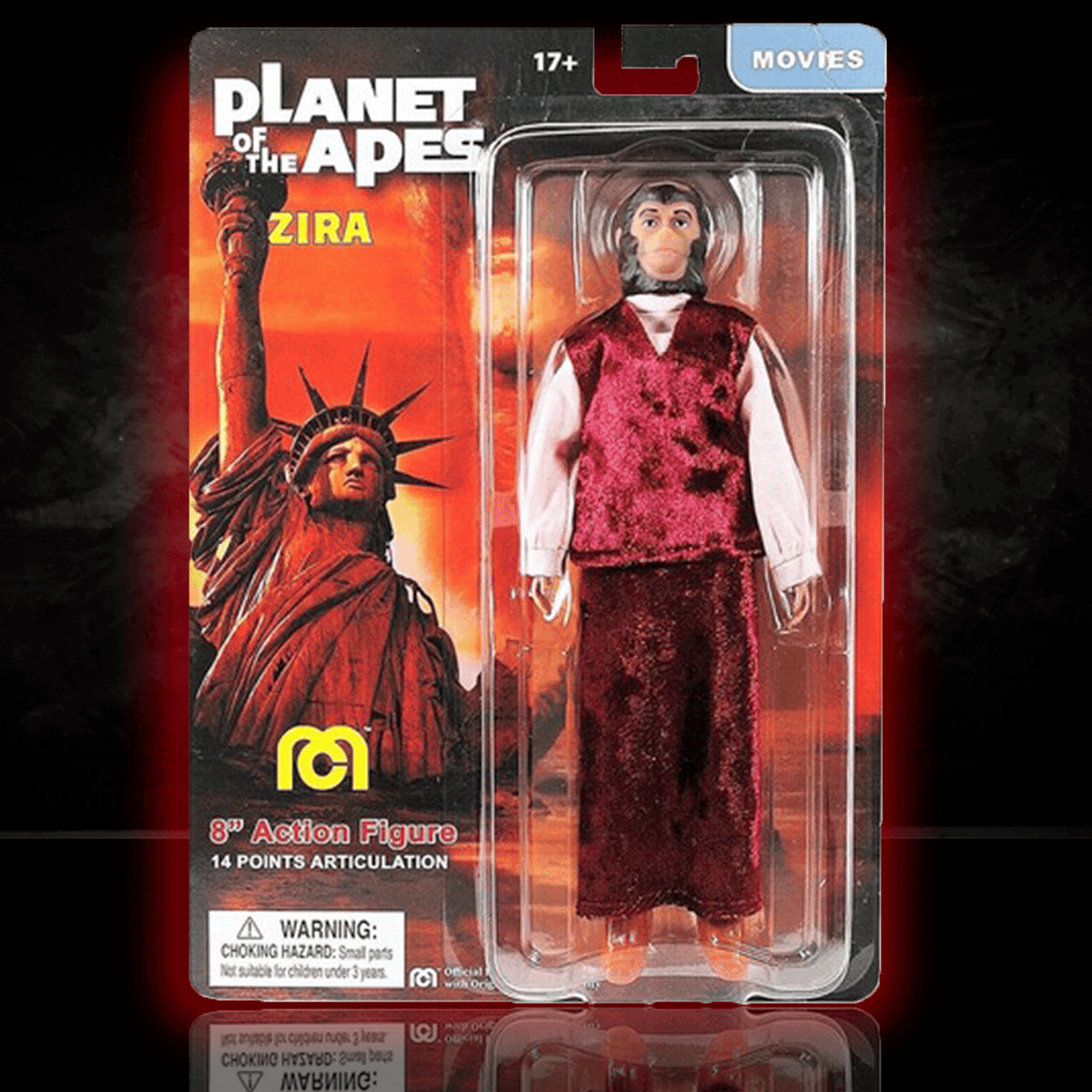 Mego 8-inch Zira figure from Planet of the Apes with detailed facial features and vintage style packaging