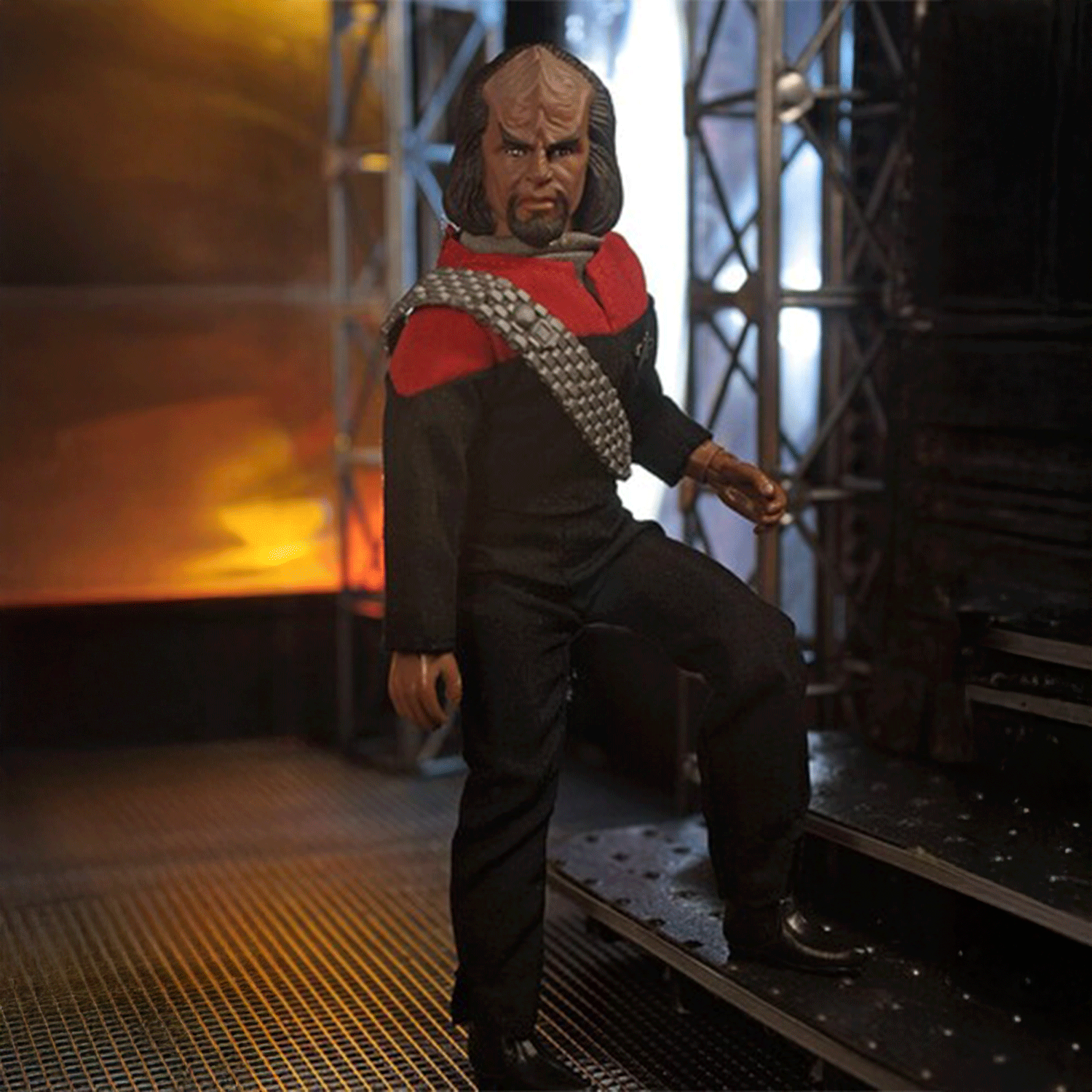 Mego 8-inch collectible action figure of a Klingon character dressed in black and red uniform with detail accessories
