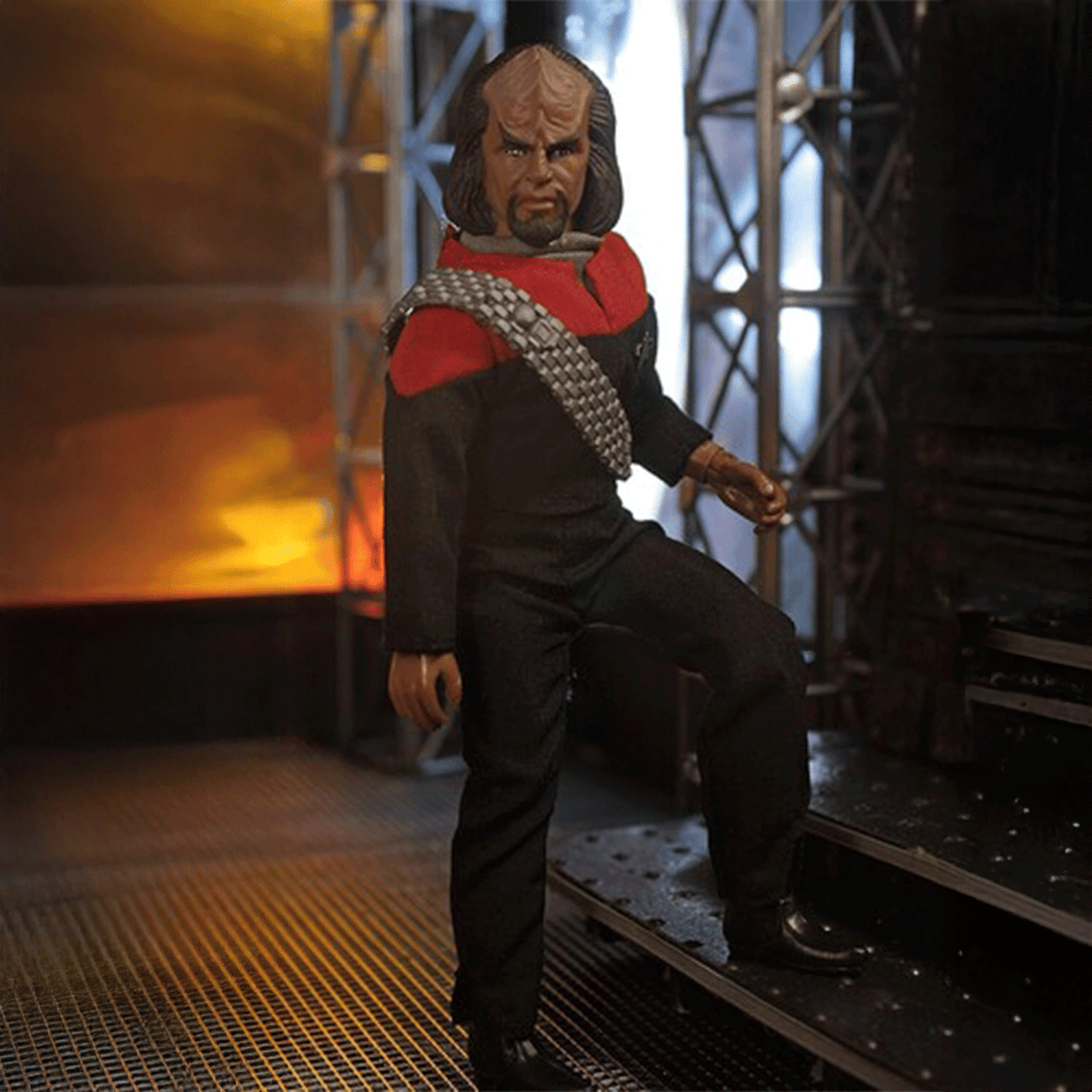 Mego 8-inch collectible action figure of a Klingon character dressed in black and red uniform with detail accessories