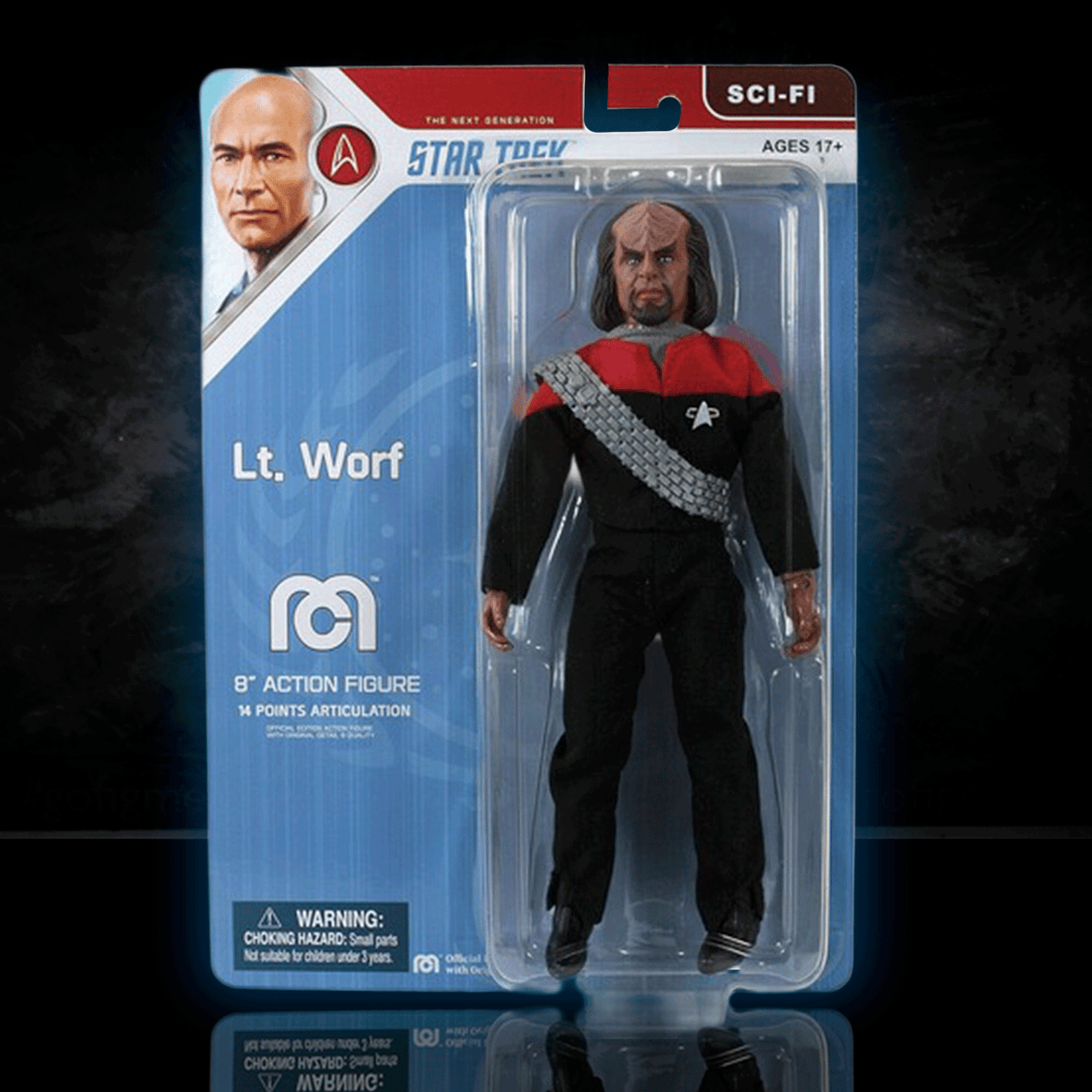 Mego 8-inch Lt. Worf action figure in Star Trek uniform packaged with detailed articulation and character portrait on cardback