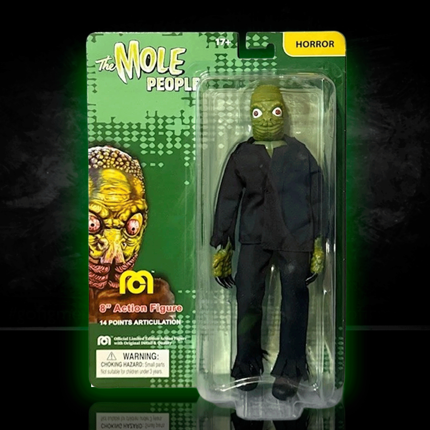 Mego 8-inch Mole People action figure in black outfit with detailed reptilian features in collectible horror packaging