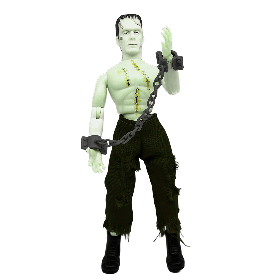 Mego 8-inch retro-style Frankenstein figure with stitched details and removable chains wearing torn pants and boots